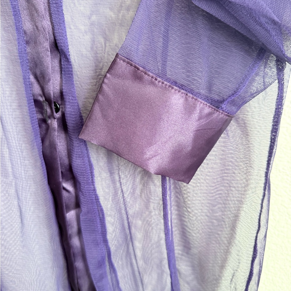 Sheer Purple Mesh Button Down Top | XL | Satin Trim | Y2K Layering Blouse - Picture 3 of 4